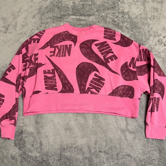 Nike Tops - Nike All Over Swoosh Logo Pink Cropped Sweatshirt Womens Size Small